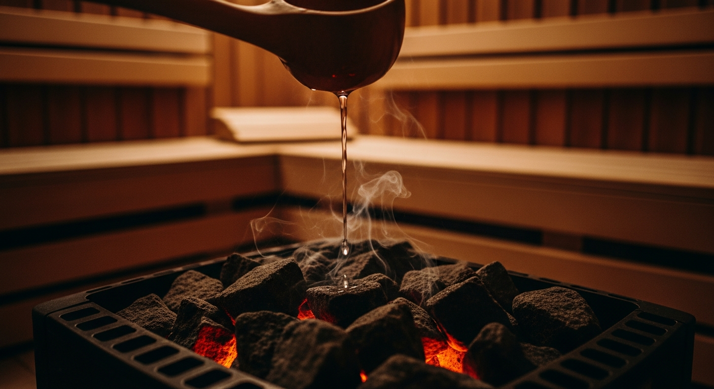 サウナストーンに柄杓から水を注ぐ瞬間・かすかな蒸気・温もりのある木製サウナ室